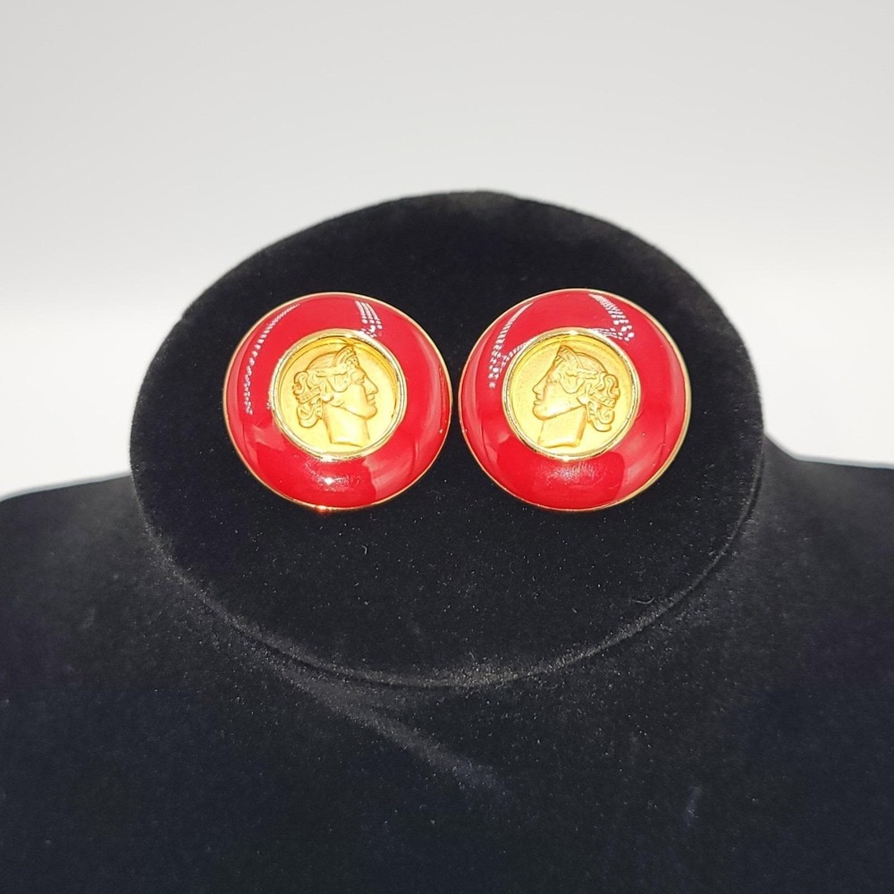 Vintage 80s 90s MONET Goldtone Red Enamel Roman Coin Pierced Earrings Beautiful